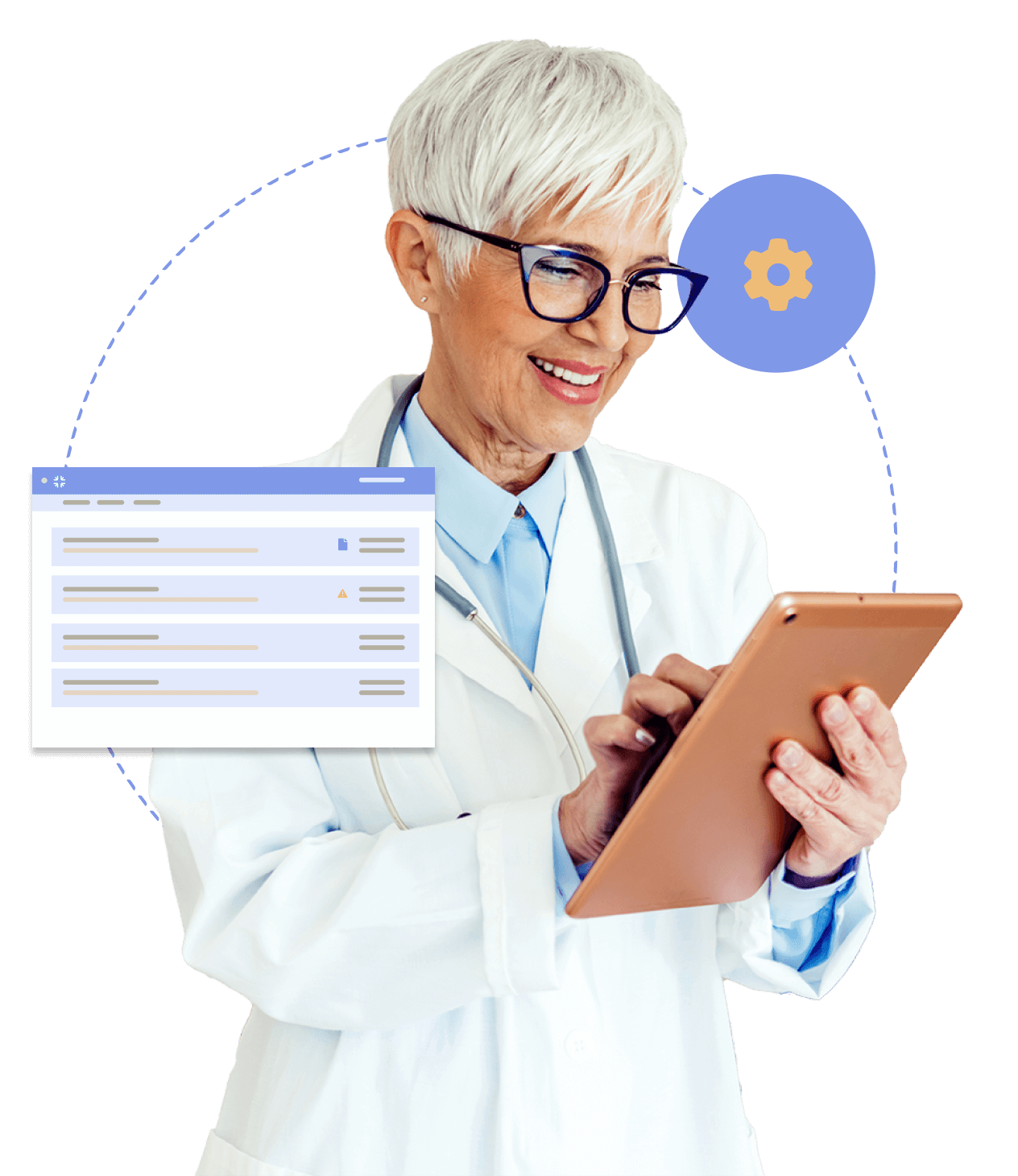 Doctor in a white coat looking at a tablet device