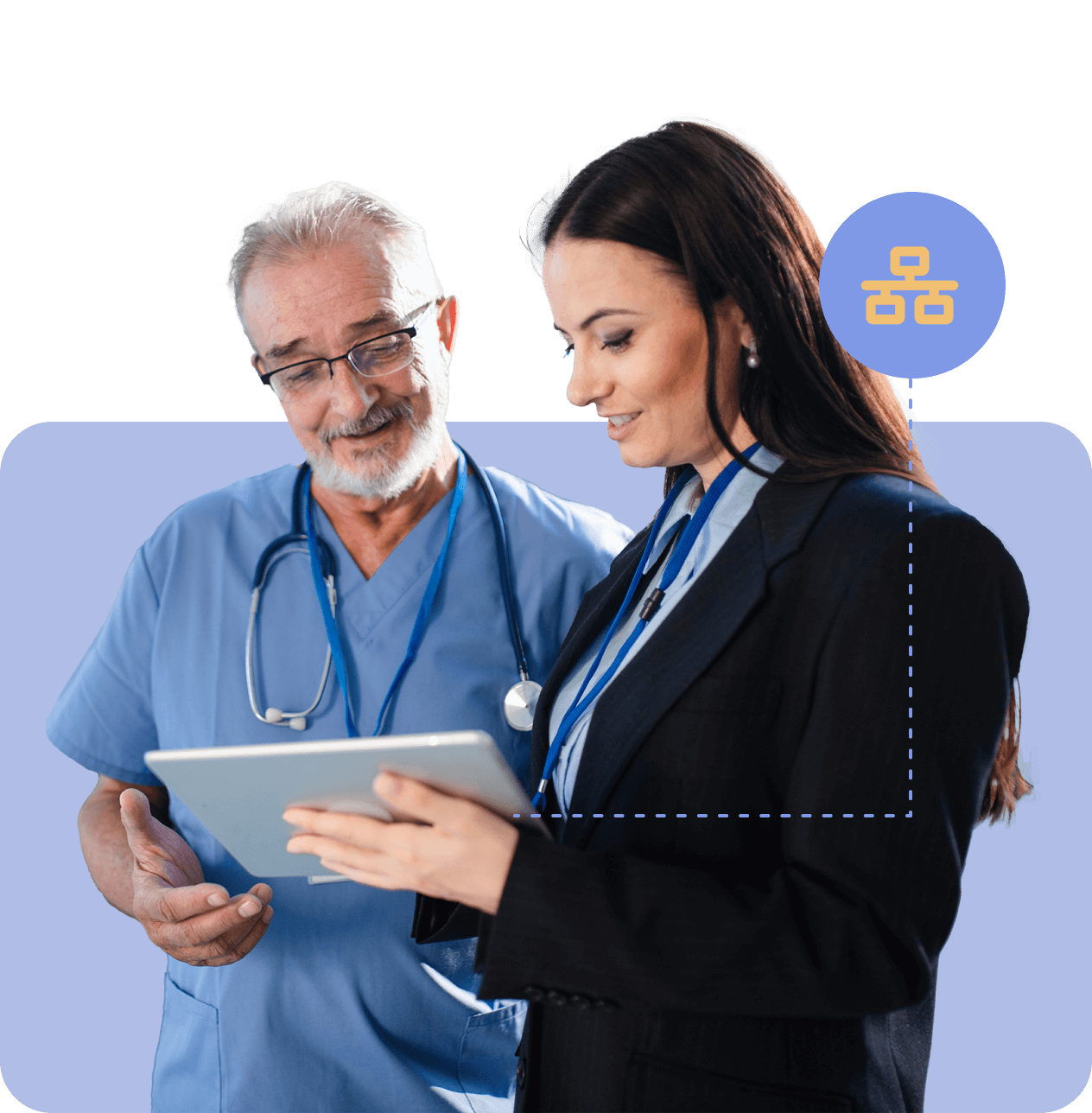 Doctor and nurse both looking at a tablet device together, reviewing patient information